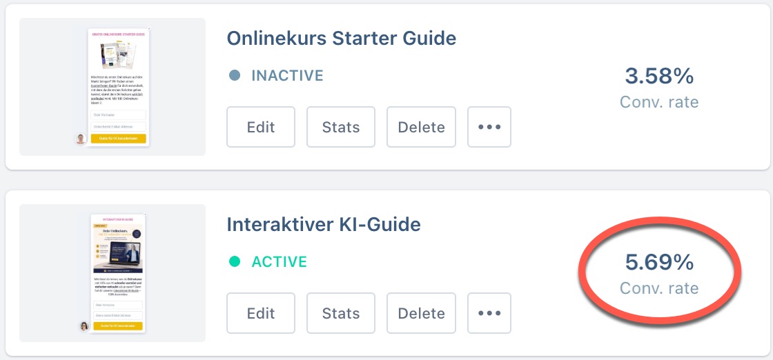 Conversion-Rate-Vergleich: Interaktiver KI-Guide 5,69% vs. Onlinekurs Starter Guide (PDF) 3,58%
